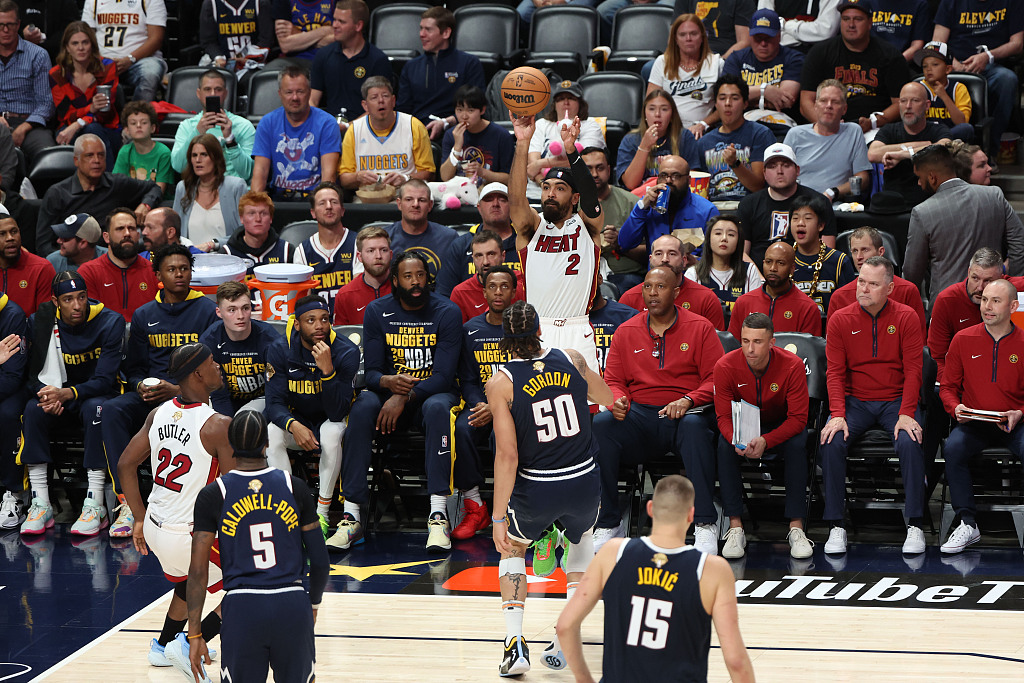 Gabe Vincent (#2) of the Miami Heat shoots in Game 2 of the NBA Finals against the Denver Nuggets at Ball Arena in Denver, Colorado, June 4, 2023. /CFP