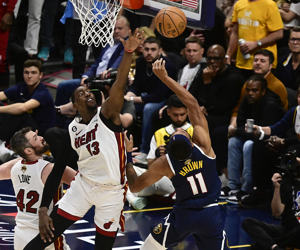 Bam Adebayo (#13) of the Miami Heat blocks a shot by Bruce Brown of the Denver Nuggets in Game 2 of the NBA Finals at Ball Arena in Denver, Colorado, June 4, 2023. /CFP