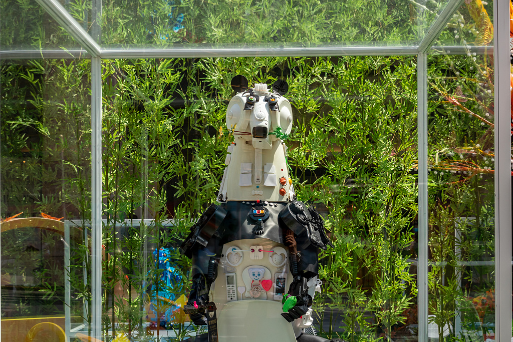 A giant panda statue made from plastic waste is on display in Shanghai, April 23, 2020, as part of the local efforts to raise public awareness of environmental conservation. /CFP