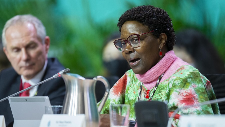 Elizabeth Maruma Mrema (R), executive secretary of the UN Convention on Biological Diversity, speaks at the high-level segment of the second part of the 15th meeting of the Conference of the Parties to the Convention on Biological Diversity (COP15) in Montreal, Canada, December 15, 2022. /Xinhua