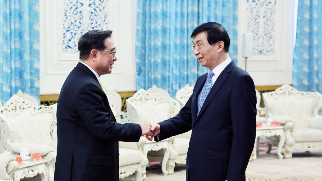 Wang Huning (R), a member of the Standing Committee of the Political Bureau of the CPC Central Committee and chairman of the National Committee of the CPPCC, meets with Wu Cheng-tien, chairman of Taiwan's New Party, in Beijing, capital of China, June 5, 2023. /Xinhua