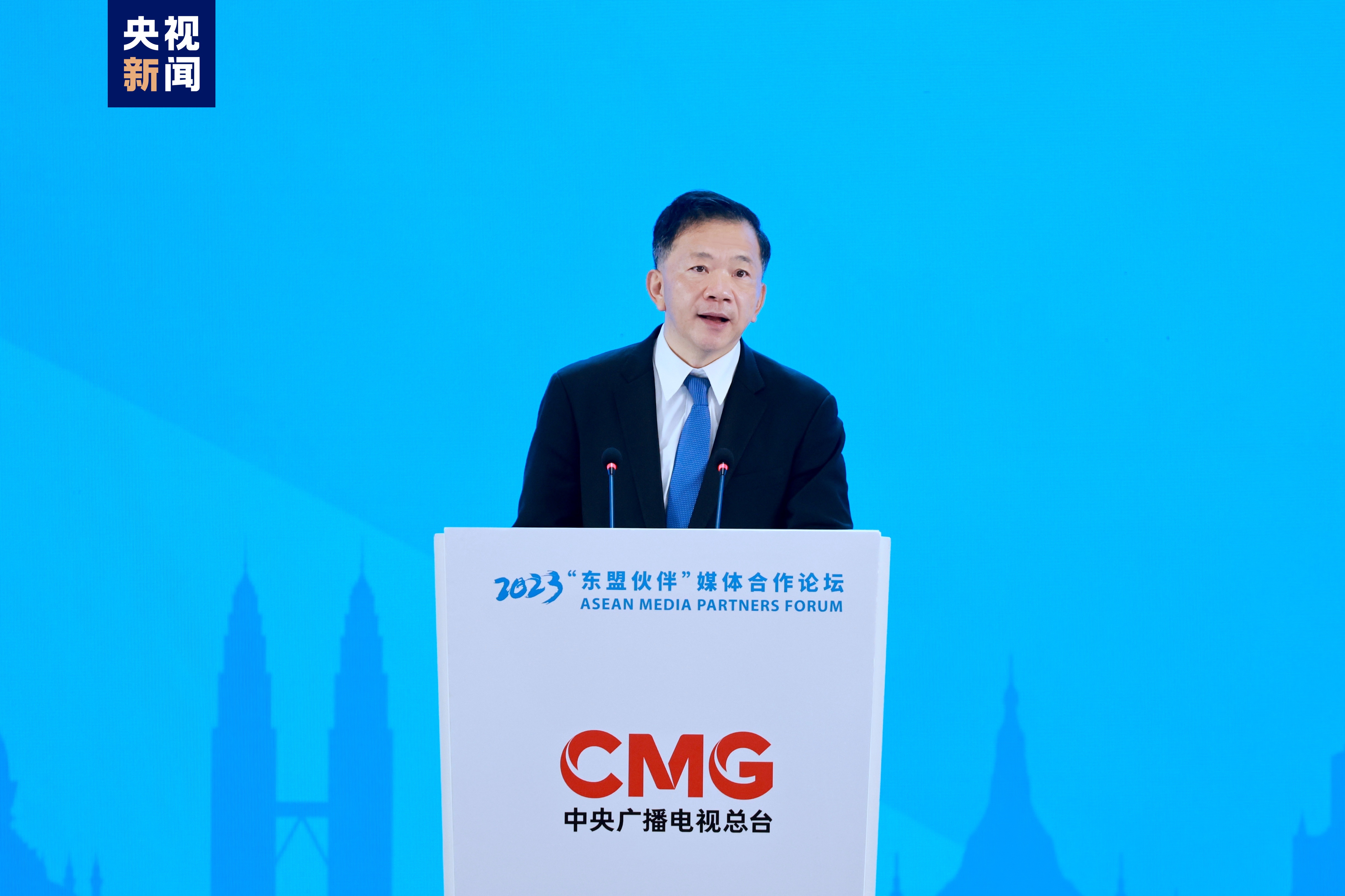 Prezes CMG, Shen Haixiong, przemawia podczas ceremonii otwarcia Forum Partnerów Medialnych ASEAN 2023 w Nanning w regionie autonomicznym Guangxi Zhuang w południowych Chinach, 6 czerwca 2023 r.  /CMG