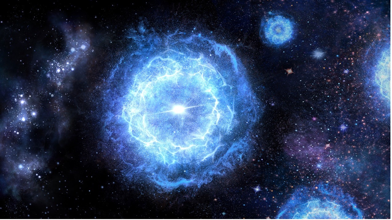 A rendering of the evolution of the first generation of supermassive stars into pair-instability supernovae (PISNe). PISNe eject multielement-rich material into the interstellar medium, where they form the next-generation stars. /National Astronomical Observatories of China