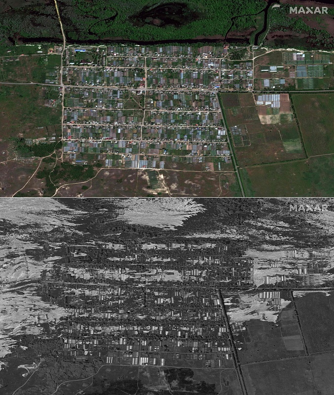 A combination picture of satellite images by Maxar Technologies shows the village of Korsunka (top) on May 15, 2023 and the same area on June 6, 2023 after it was flooded. /CFP