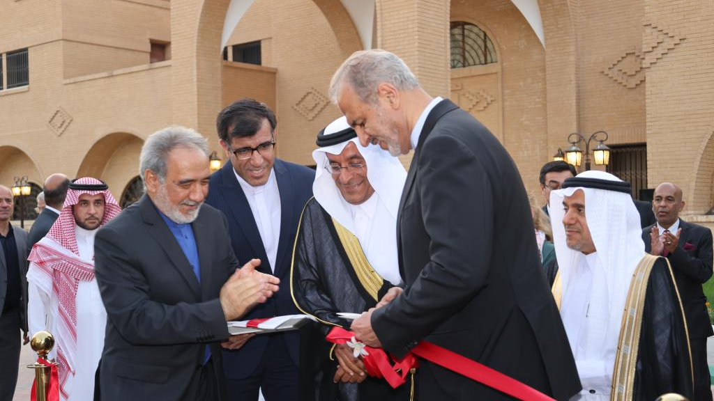 Iranian Deputy Foreign Minister Alireza Bigdeli (Front) and Saudi Deputy Minister of Foreign Affairs for Consular Affairs Ali Al-Yousef (C) attend the opening ceremony of the Iranian embassy in Riyadh, Saudi Arabia, June 6, 2023. /Xinhua