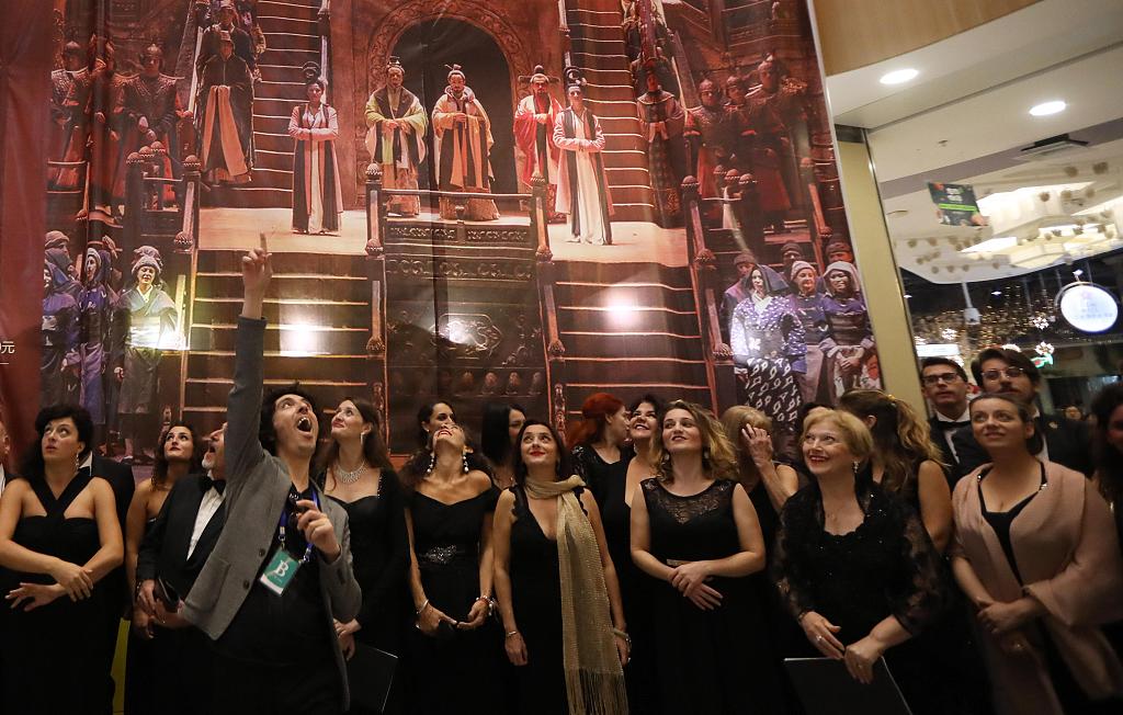 A group of sixty perfomers from the Teatro Carlo Felice, an opera house in Genova, Italy presents the opera 