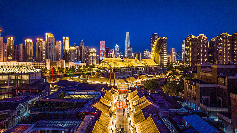 An aerial photo shows a night view of the Tianjin Ancient Cultural Street. /CFP