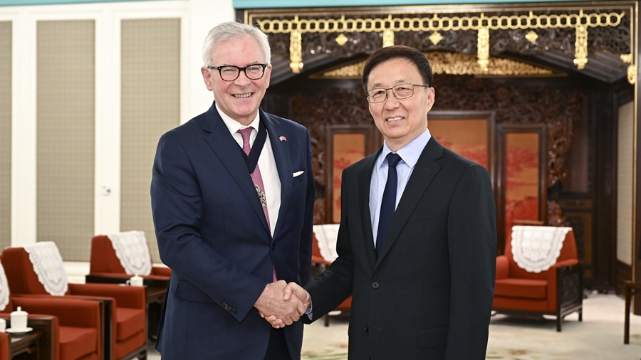 Chinese Vice President Han Zheng meets with Nicholas Lyons, Lord Mayor of the City of London, in Beijing, China, June 8, 2023. /Xinhua