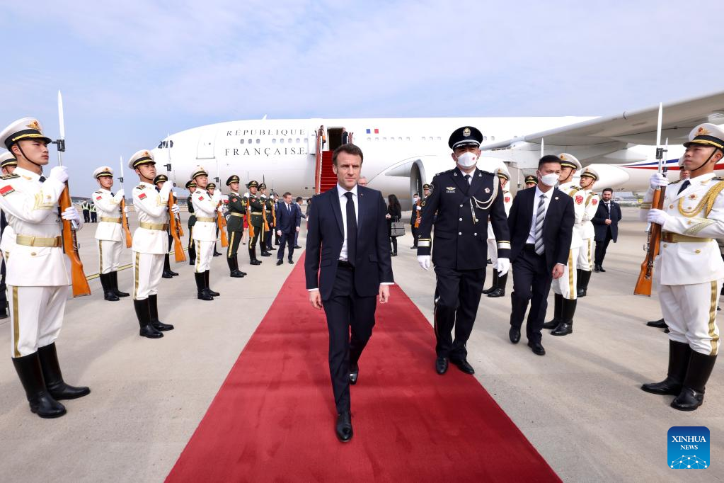 French President Emmanuel Macron arrives at Beijing Capital International Airport in Beijing, capital of China, April 5, 2023. /Xinhua