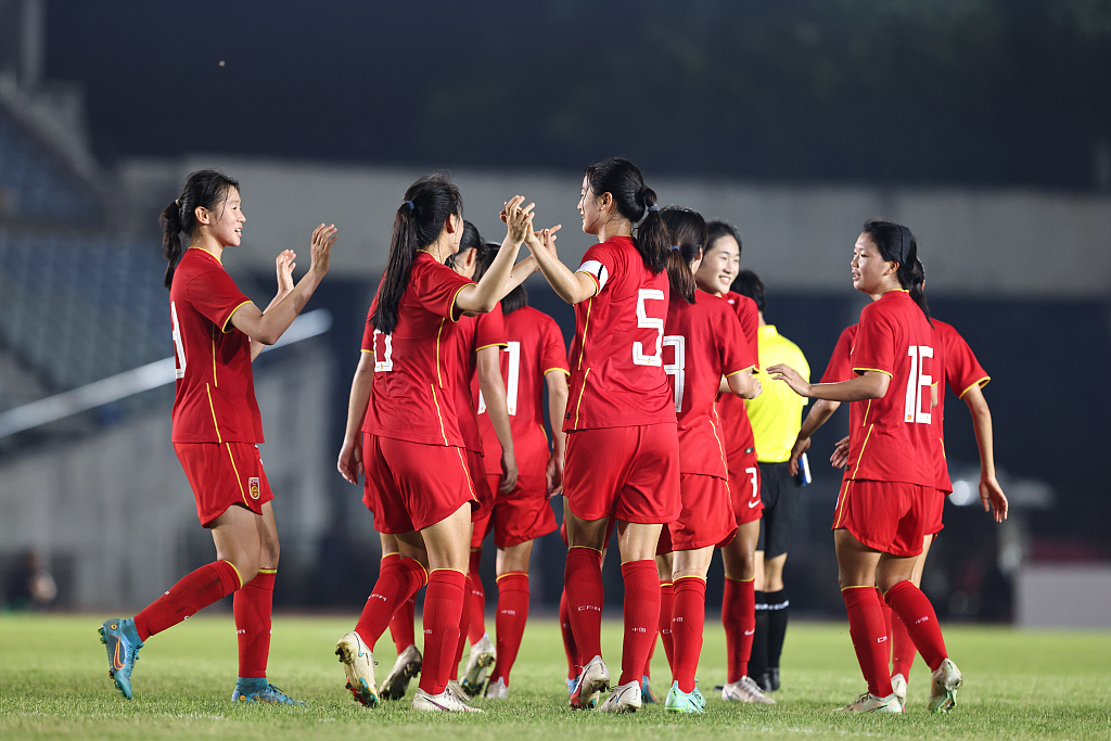 Players of China celebrate after socirng a goal in the 2024 AFC U-20 Women's Asian Cup qualification game against Myanmar at Thuwunna Stadium in Yangon, Myanmar, June 10, 2023. /CFP