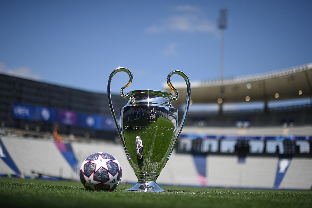 The UEFA Champions League trophy on display at the Ataturk Olympic Stadium in Istanbul, Türkiye, June 7, 2023. /CFP
