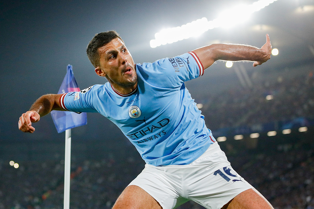 Rodri of Manchester City celebrates after scoring during their Champions League final clash with Inter Milan at Ataturk Olympic Stadium in Istanbul, Türkiye, June 10, 2023. /CFP