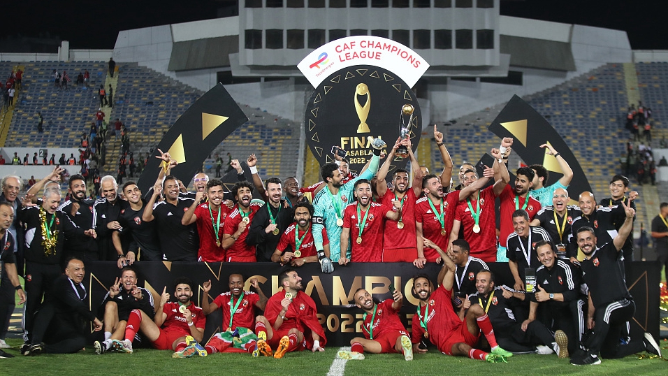 Al Ahly players celebrate trophy after their CAF Champions League win at Mohammed V Stadium in Casablanca, Morocco, June 11, 2023. /CFP