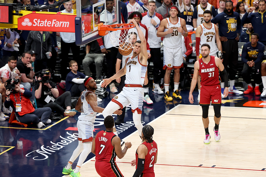 Michael Porter Jr. (#1) of the Denver Nuggets dunks in Game 5 of the NBA Finals against the Miami Heat at Ball Arena in Denver, Colorado, June 12, 2023. /CFP