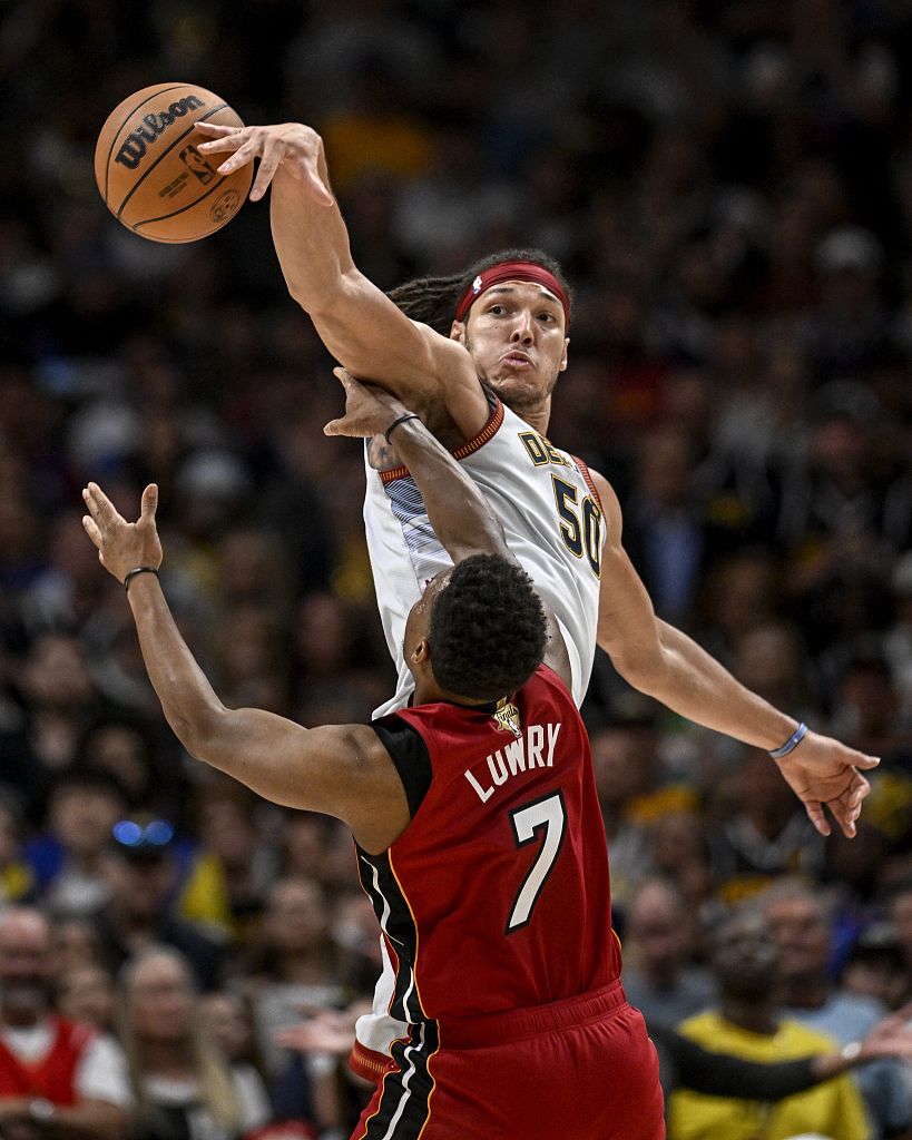 Aaron Gordon (#50) of the Denver Nuggets blocks a shot by Kyle Lowry of the Miami Heat in Game 5 of the NBA Finals at Ball Arena in Denver, Colorado, June 12, 2023. /CFP