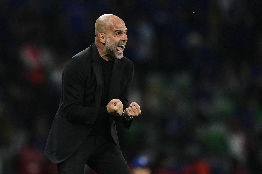 Pep Guardiola, manager of Manchester City, looks on during the UEFA Champions League final against Inter Milan at the Ataturk Olympic Stadium in Istanbul, Türkiye, June 10, 2023. /CFP