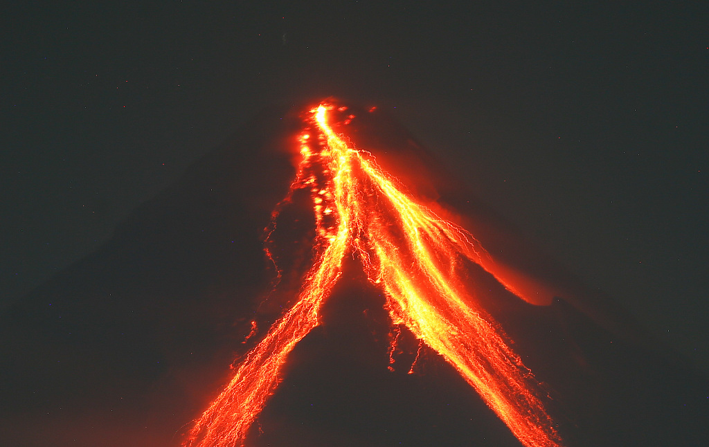 Mount Mayon, Philippines' most active volcano, spews lava after an eruption near Legazpi city in Albay province of Philippines, June 11, 2023. /CFP 