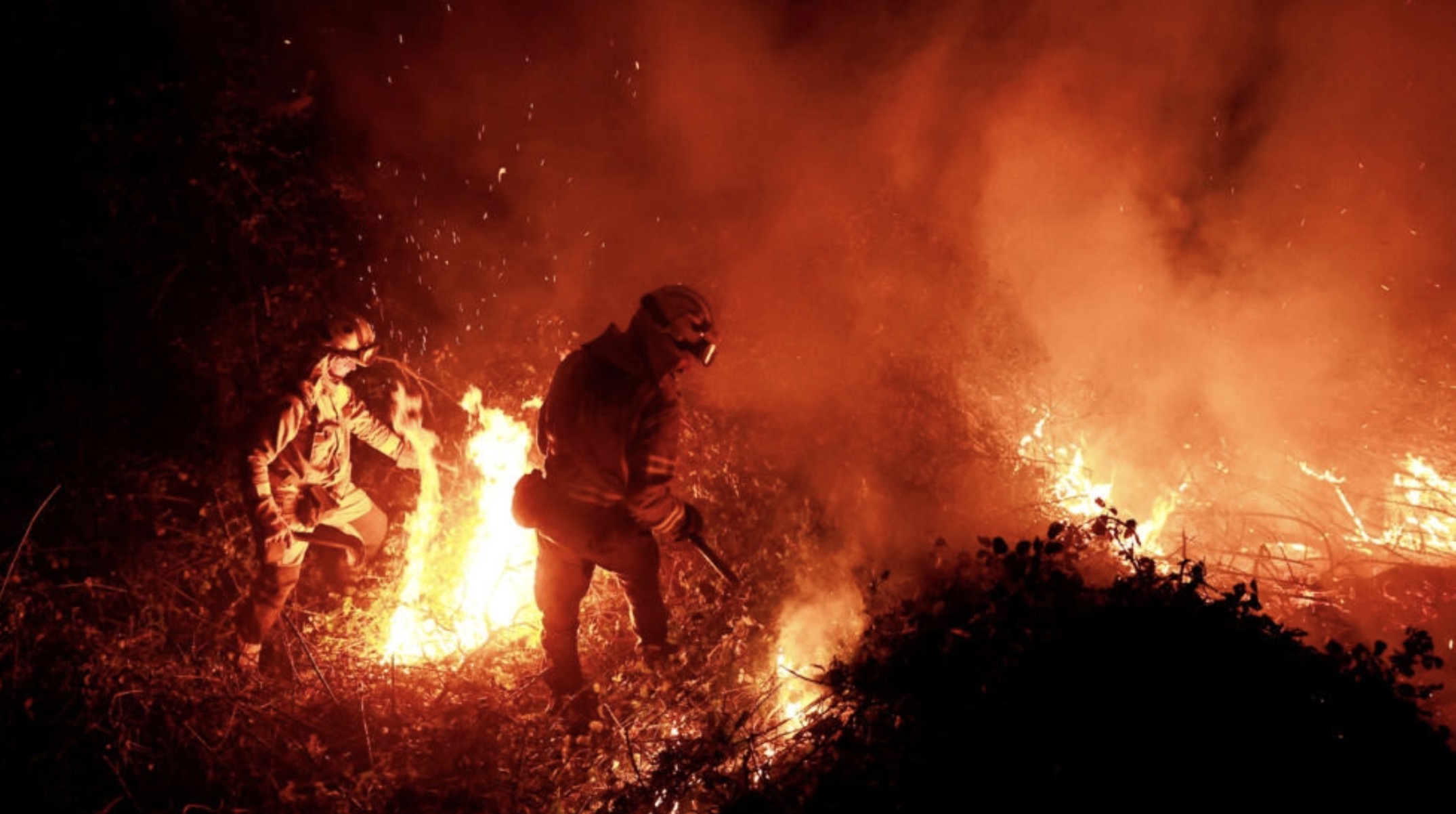 Galician firefighters tackle flames in a forest during an outbreak of wildfires following a prolonged period of drought and unusually high temperatures, Piedrafita, Asturias, Spain, March 31, 2023. /Reuters