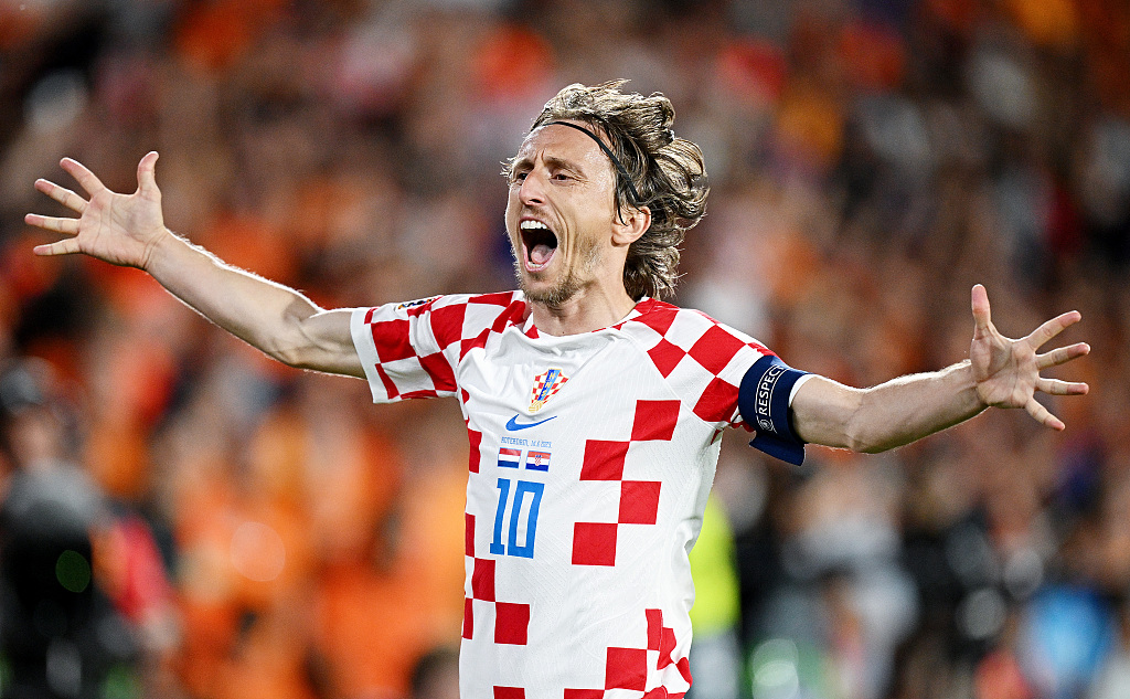 Luka Modric of Croatia celebrates after scoring the team's fourth goal during the UEFA Nations League 2022/23 semifinal against the Netherlands in Rotterdam, the Netherlands, June 14, 2023. /CFP