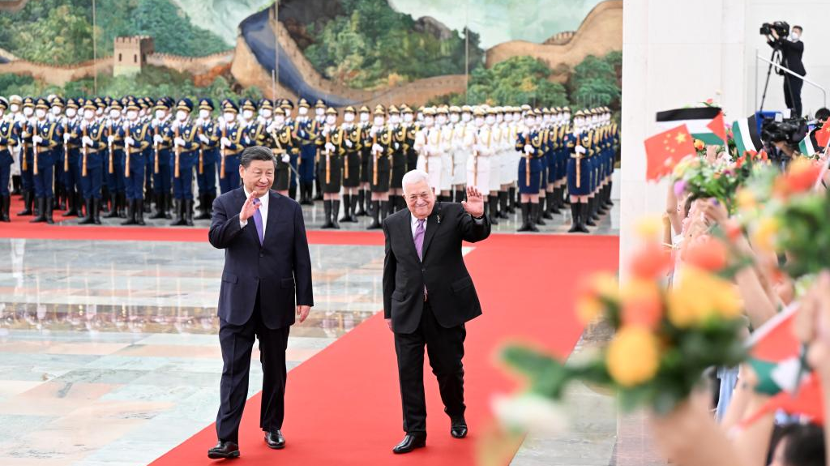 Chinese President Xi Jinping holds a welcoming ceremony for Palestinian President Mahmoud Abbas in the Northern Hall of the Great Hall of the People before their talks in Beijing, China, June 14, 2023. /Xinhua