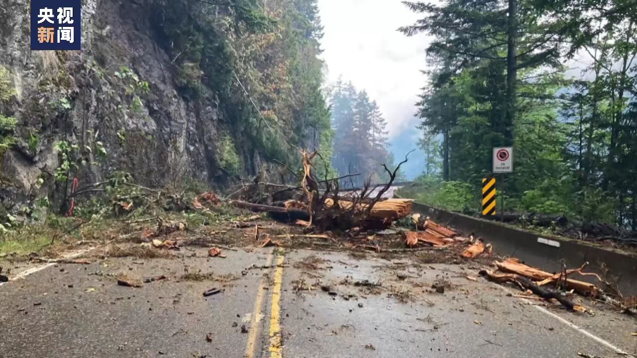 Logs and rocks are still coming down on Highway 4 after a wildfire destabilized the steep slopes above the highway, east of Port Alberni, on Vancouver Island in province of British Columbia, Canada. /CCTV