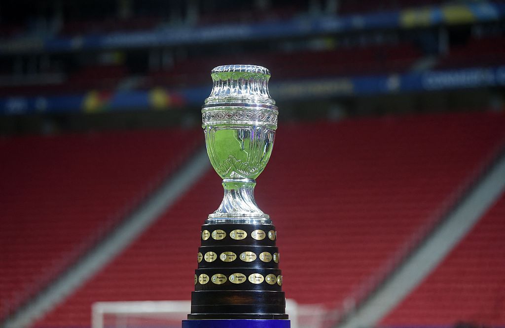 The Copa America championship trophy on display at the Mane Garrincha Stadium in Brasilia, Brazil, June 13, 2021. /CFP