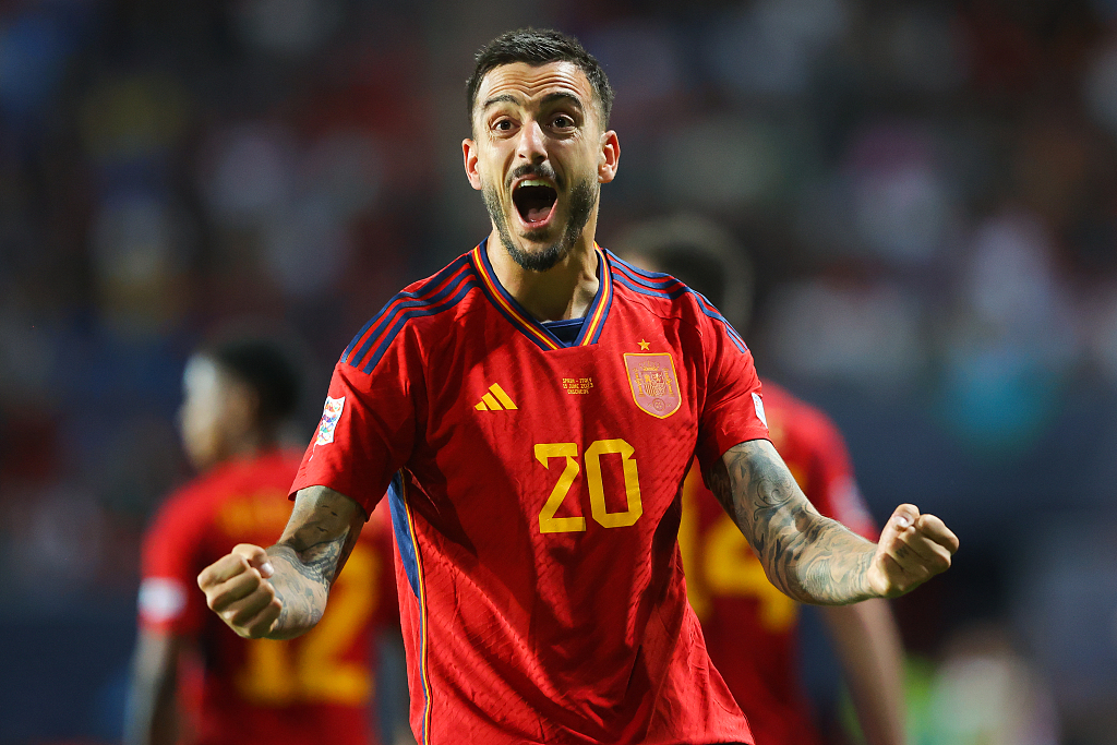 Joselu of Spain celebrates after scoring his side's second goal during the UEFA Nations League 2022/23 semifinal against Italy in Enschede, Netherlands, June 15, 2023. /CFP