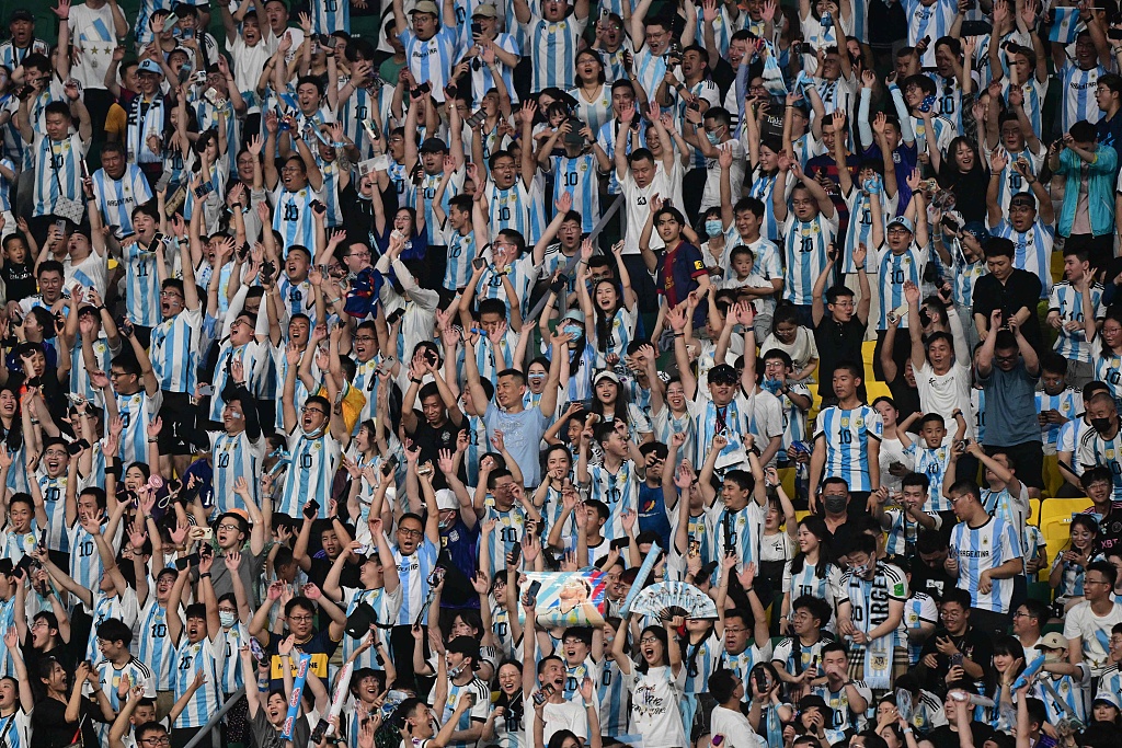 A sea of blue and white Argentina jerseys on the stands during the international friendly match between Argentina and Australia at the new Workers' Stadium in Beijing, China, June 15, 2023. /CFP