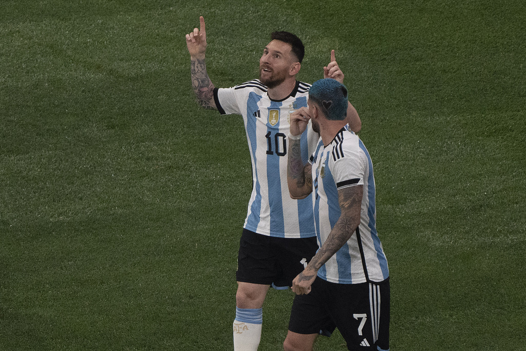 Lionel Messi (#10) of Argentina celebrates after scoring a goal in the friendly against Australia at the Workers' Stadium in Beijing, June 15, 2023. /CFP