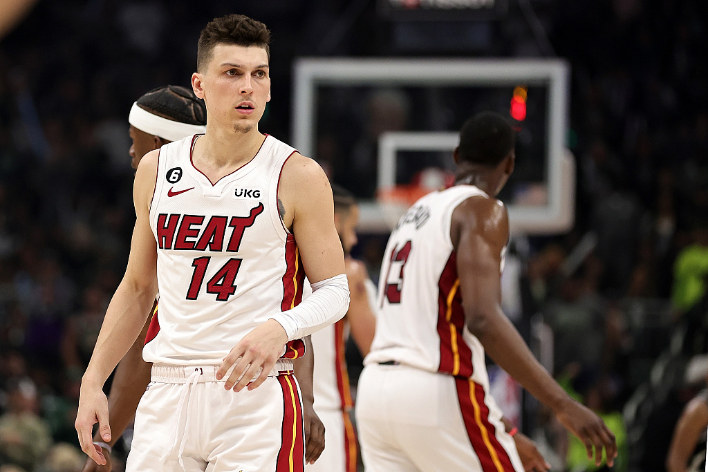 Tyler Herro (#14) of the Miami Heat looks on in Game 1 of the NBA Eastern Conference first-round playoffs against the Milwaukee Bucks at the Fiserv Forum in Milwaukee, Wisconsin, April 16, 2023. /CFP
