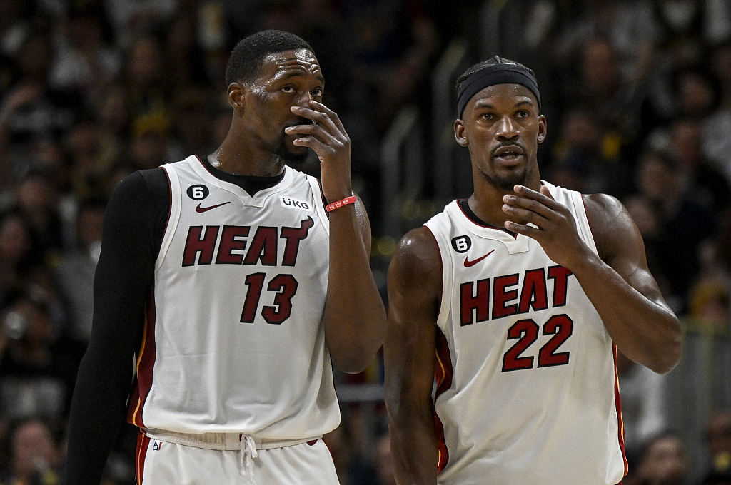 Jimmy Butler (#22) and Bam Adebayo of the Miami Heat look on in Game 2 of the NBA Finals against the Denver Nuggets at Ball Arena in Denver, Colorado, June 4, 2023. /CFP