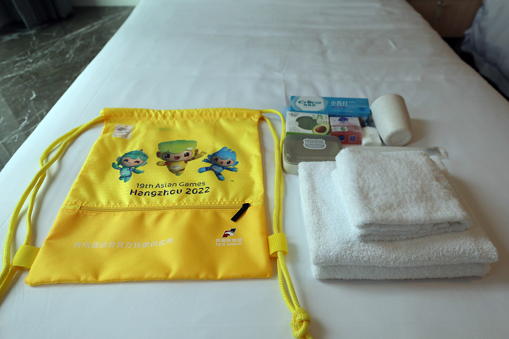 Items prepared for athletes in the bedroom in the Hangzhou Asian Games Village in Hangzhou, east China's Zhejiang Province, June 16, 2023. /CFP