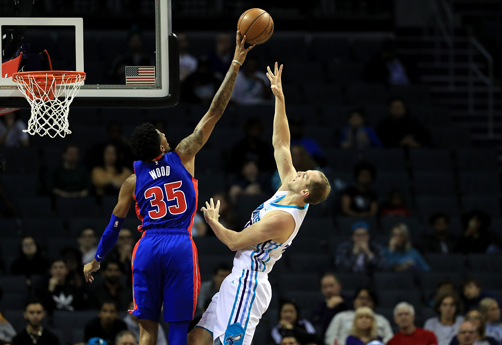 Christian Wood (#35) of the Detroit Pistons blocks a shot by Cody Zeller of the Charlotte Hornets in the game at Spectrum Center in Charlotte, North Carolina, October 16, 2019. /CFP 
