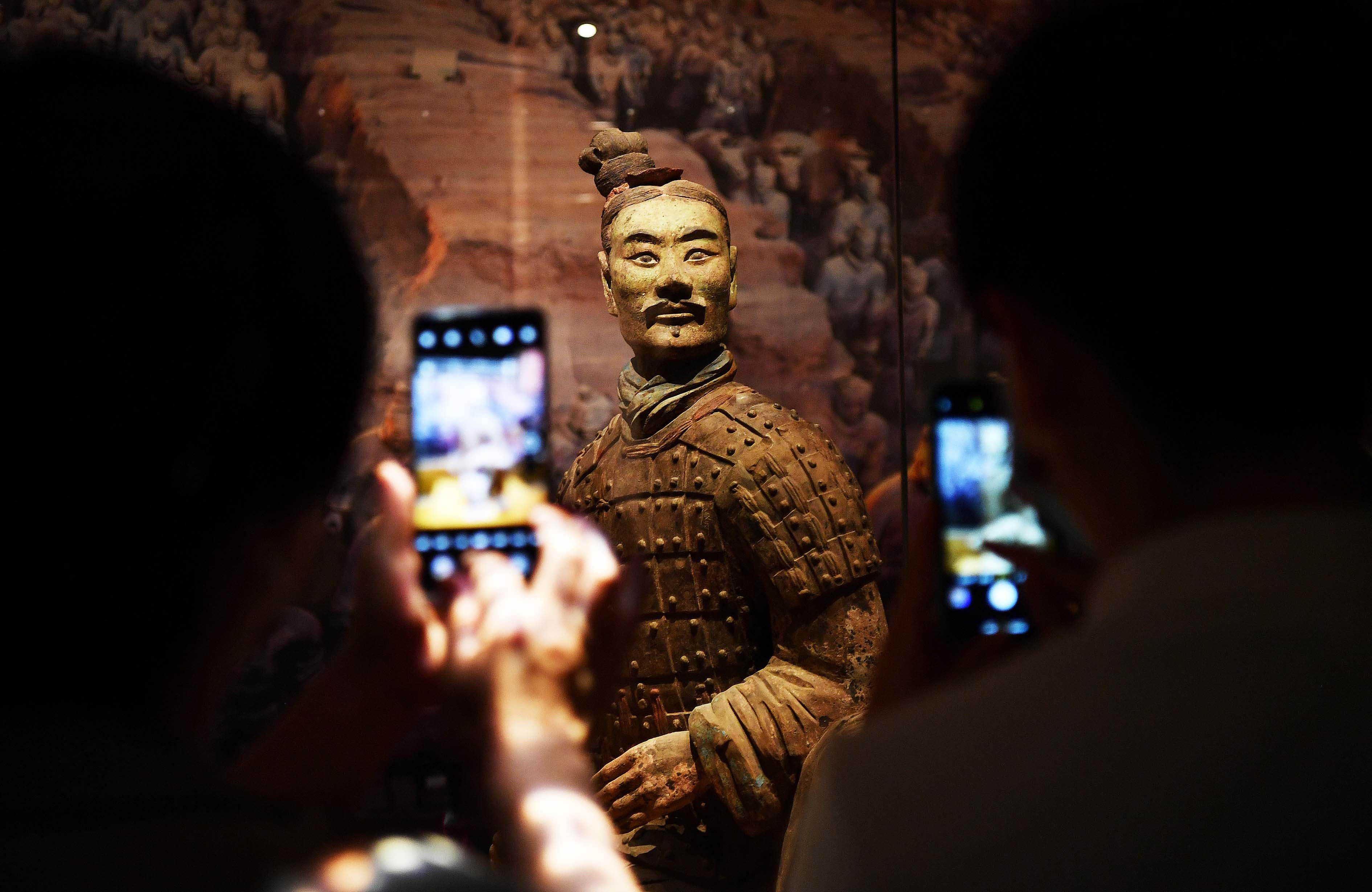 A terracotta warrior displayed at an exhibition on the protection of cultural relics, Capital Museum, Beijing, China, May 18, 2021. /CFP