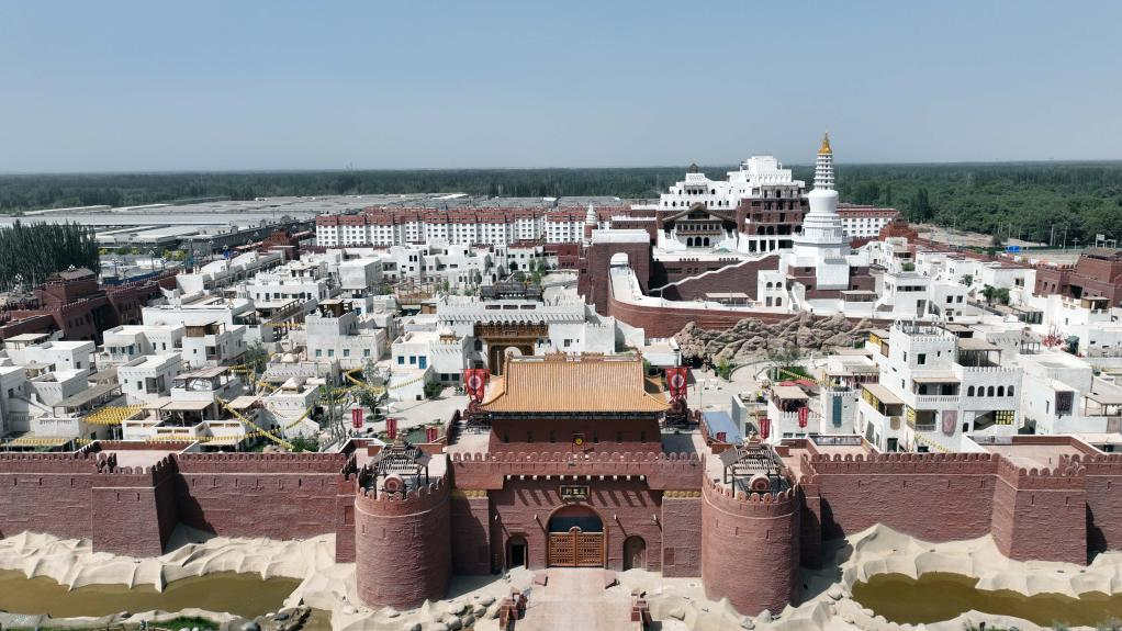 This aerial photo shows a view of the Yotkan cultural scenic spot in Hotan County, northwest China's Xinjiang Uygur Autonomous Region, May 17, 2023. /Xinhua