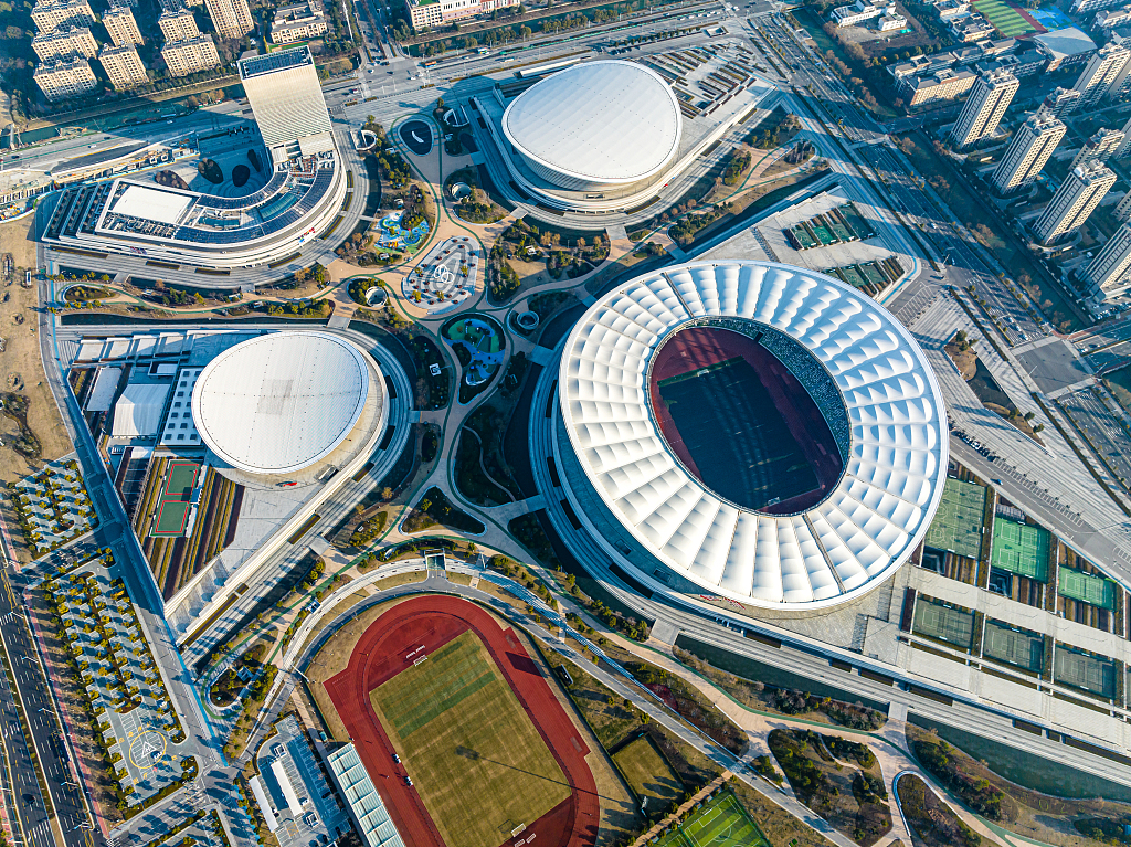 An aerial photo shows the Suzhou Olympic Sports Center located in the center of the eastern Chinese city's industrial hub, January 4, 2023. /CFP 