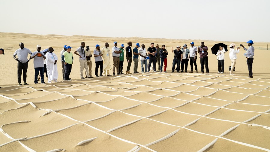 Participants attend a desertification control training workshop to learn about sand-fixing technologies at a sand prevention demonstration area in Taklimakan Desert, northwest China's Xinjiang Uygur Autonomous Region, June 12, 2023. /Xinhua
