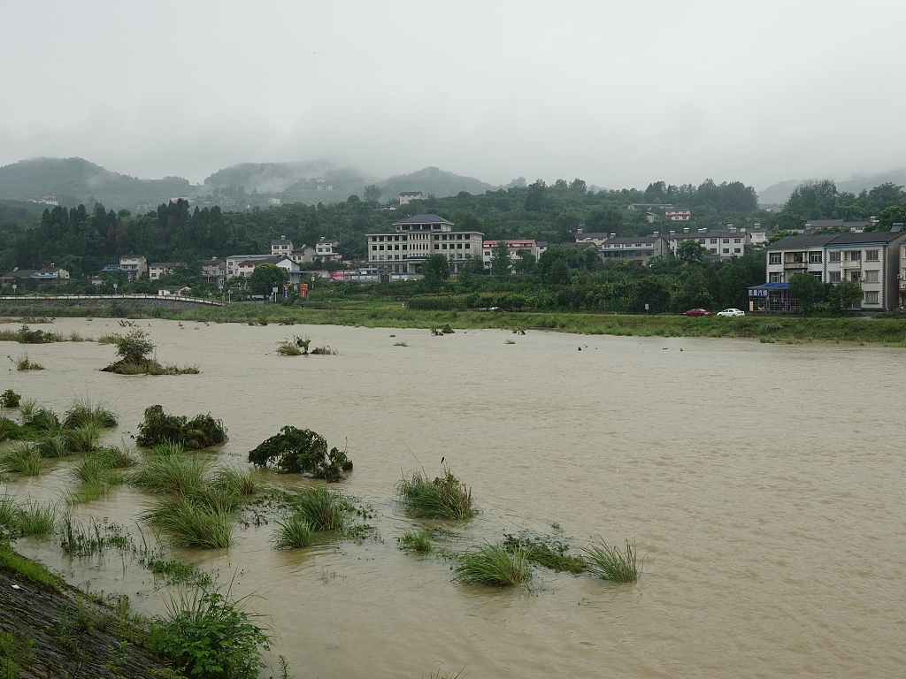 The water level increases in one tributary of the Yangtze River in Yichang City, central China's Hubei Province, June 18, 2023. /CFP