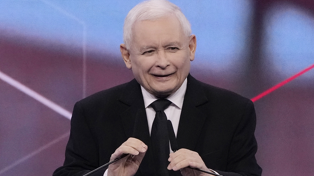 Jaroslaw Kaczynski, the leader of Poland's ruling Law and Justice (PiS) party, speaks at a party convention in Warsaw, Poland, May 14, 2023. /CFP