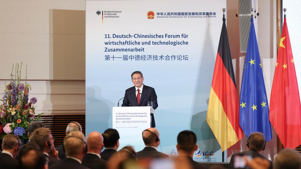 Chinese Premier Li Qiang addresses the closing ceremony of the 11th China-Germany Economic and Technical Cooperation Forum in Berlin, Germany, June 20, 2023. /Xinhua