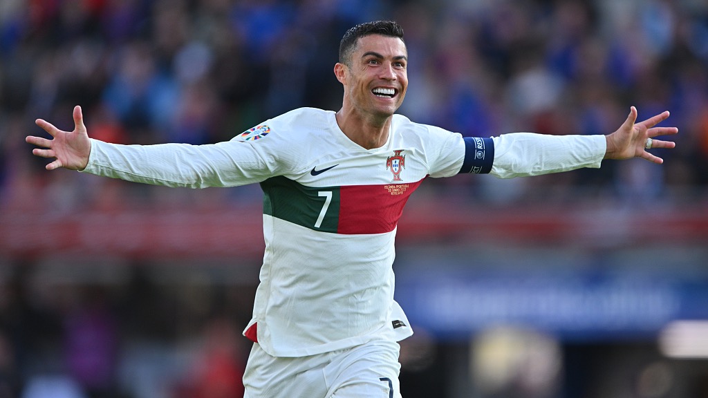Cristiano Ronaldo celebrates his goal on his 200 appearance for Portugal during their clash with Iceland at Laugardalsvollur in Reykjavik, Iceland, June 20, 2023. /CFP
