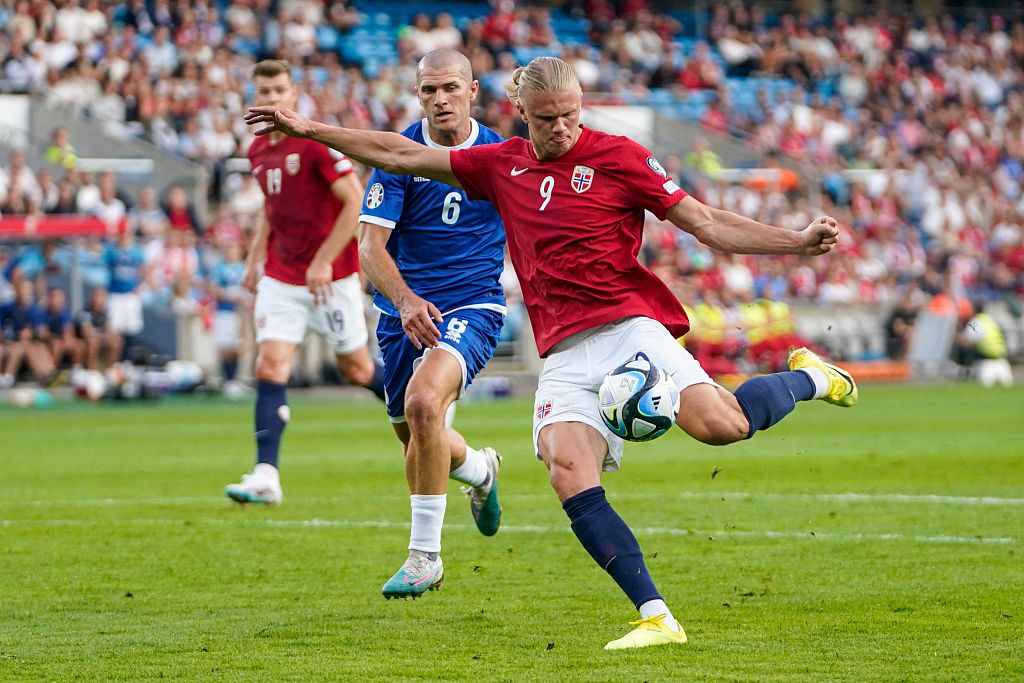 Norway forward Erling Braut Haaland shoots during their clash with Cyprus in Oslo, Norway, June 20, 2023. /CFP