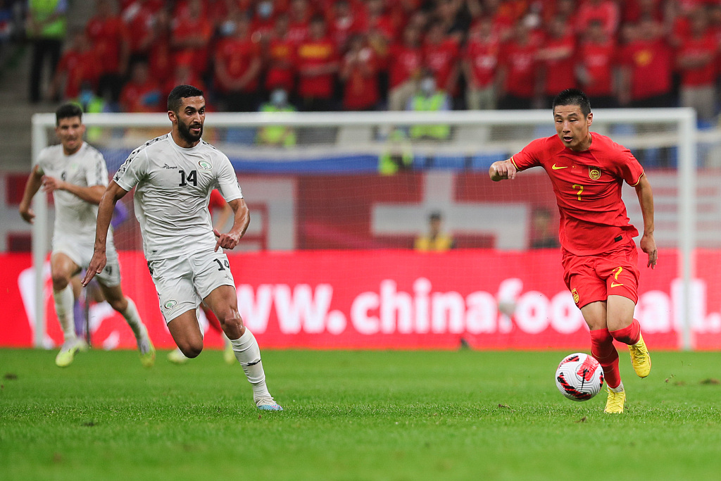 China striker Wu Lei runs forward with the ball during their clash with Palestine in an international friendly in Dalian, China, June 20, 2023. /CFP