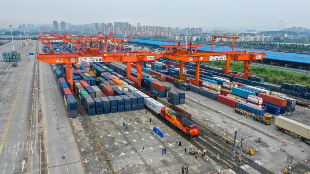 The first outbound international freight train departs for Nepal's capital Kathmandu from southwest China's Chongqing Municipality, June 16, 2022. /Xinhua