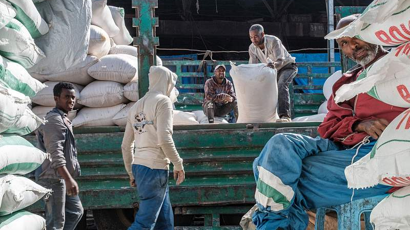 Men unload sacks of grain from a truck in a market in Addis Ababa, Ethiopia, June 23, 2022. /CFP