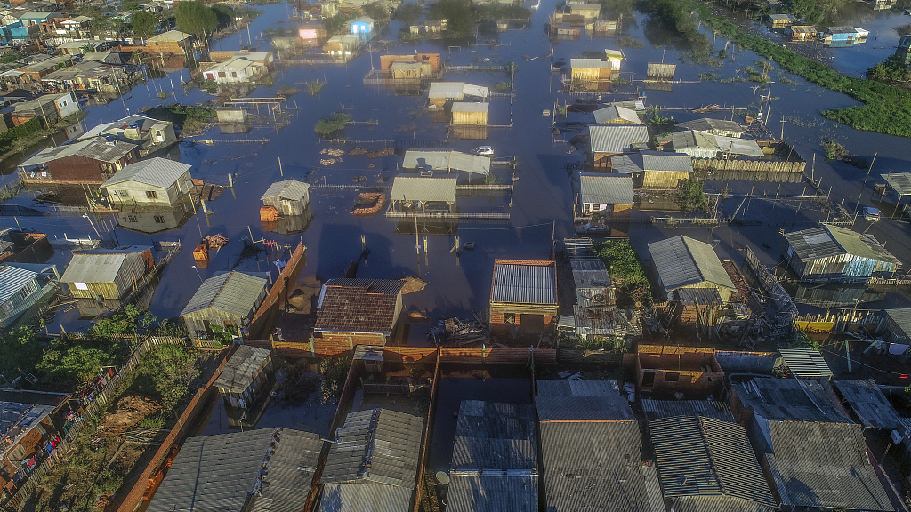 Flooded streets are seen from the air after heavy rains in Sao Leopoldo, Rio Grande do Sul, Brazil, June 18, 2023. /CFP