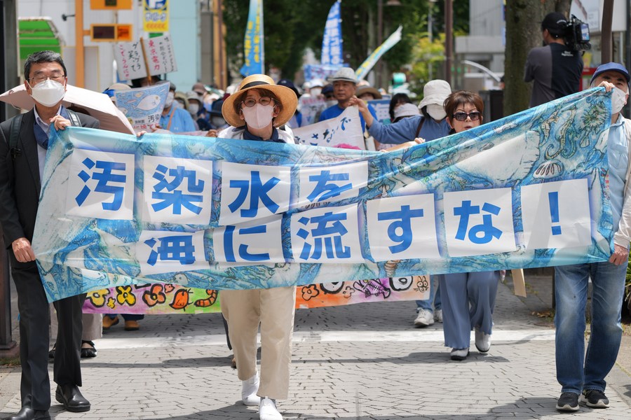 People protest against the Japanese government's plan to discharge nuclear-contaminated water into the sea in Fukushima, Japan, June 20, 2023. /Xinhua