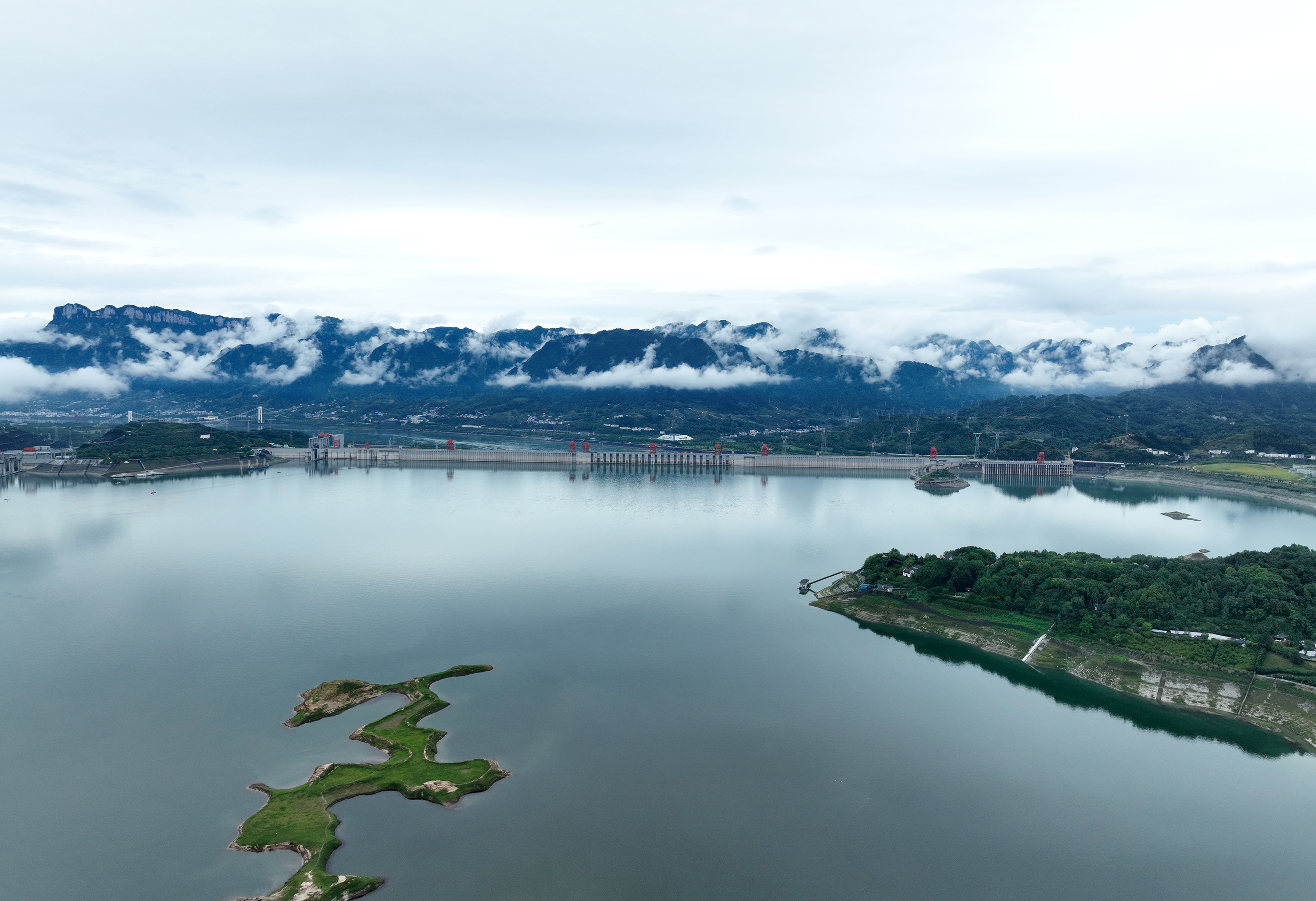 A view of Three Gorges Dam after a sudden shower of rain near Zigui, central China's Hubei Province, is seen in this photo taken on June 15, 2023. /CNSPHOTO