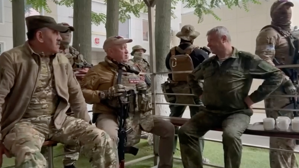 A screenshot from a video shows Wagner chief Yevgeny Prigozhin (2nd L) talking with his men in Rostov-on-Don, Russia, June 24, 2023. /CFP