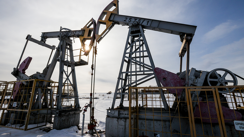 A pump jacks in an oil field developed by the Yamashneft Oil and Gas Production Division of Tatneft, in Almetyevsk District of Russia's Republic of Tatarstan, March 9, 2022. /CFP